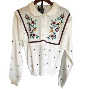 Vintage Thats Me! White Embroidered Floral Grandmacore Peter Pan Collar M